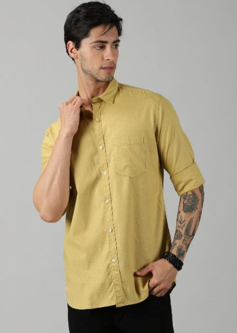Beige Cotton Solid Shirt For Men's