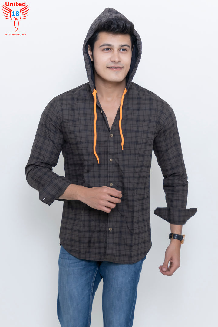 MEN'S OLIVE CHECKED HOODED CASUAL SHIRT