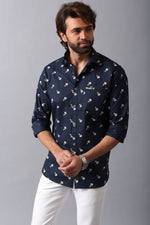 Load image into Gallery viewer, MEN&#39;S NAVY BLUE PRINTED CASUAL SHIRT