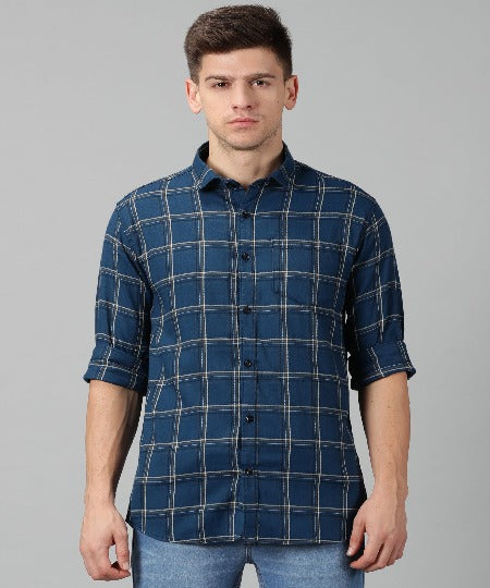 Men Checkered Casual Blue Shirt