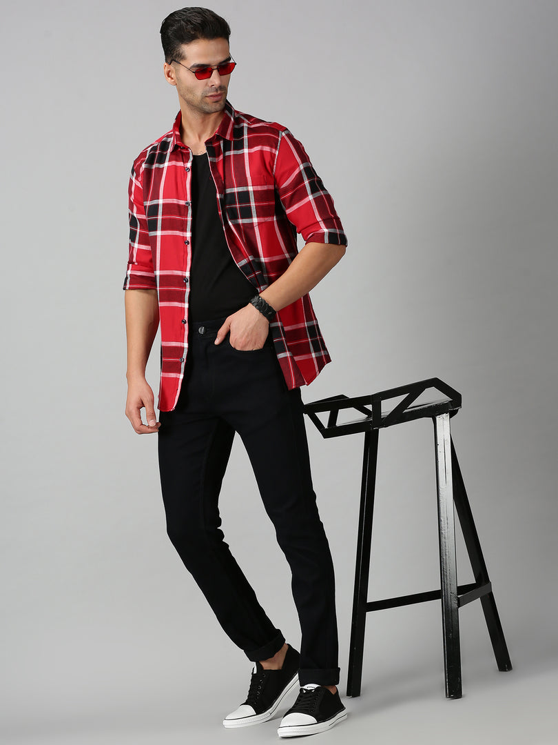 Men Checkered Casual Red Shirt