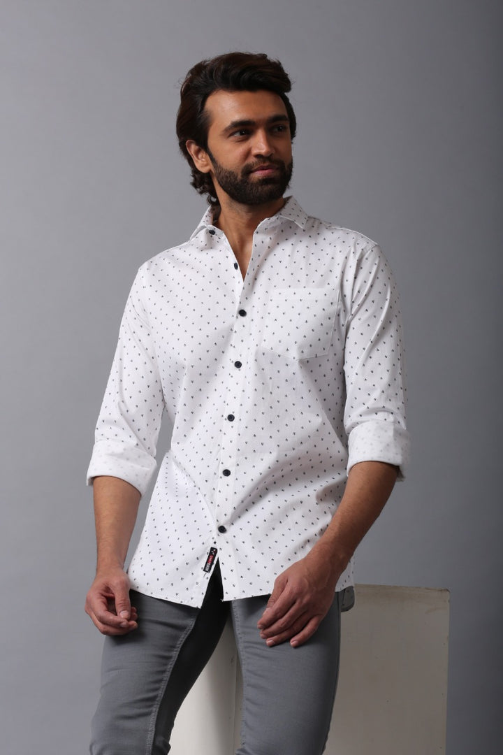 MEN'S WHITE DOTTED PRINT CASUAL SHIRT