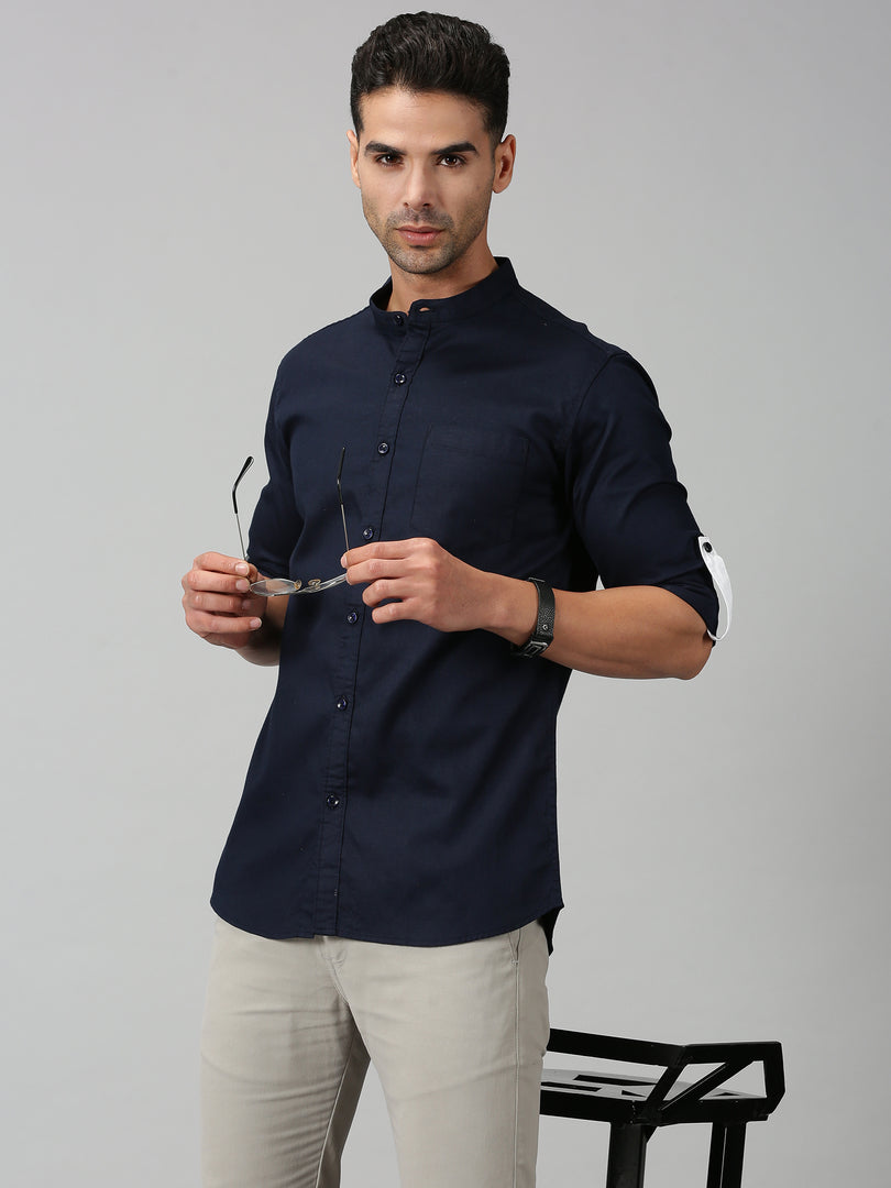 Navy Cotton Solid Shirt For Men's