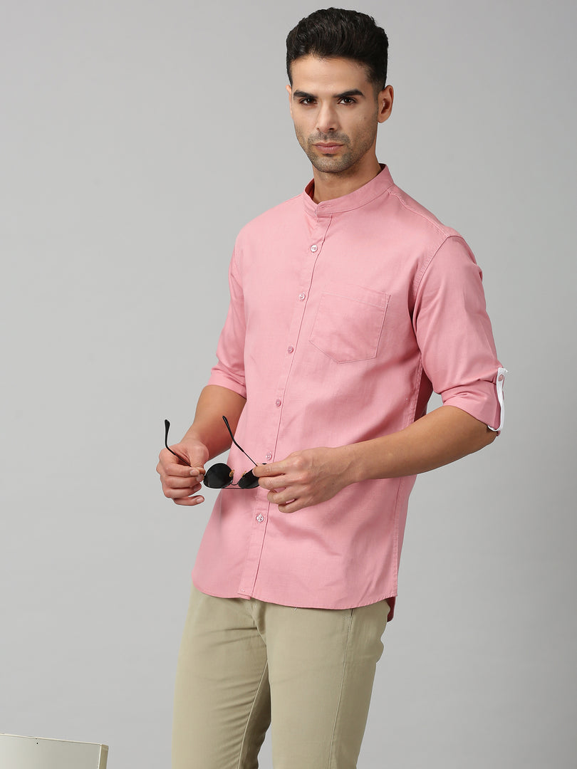 Men Regular Fit Solid Mandarin Collar Casual Shirt