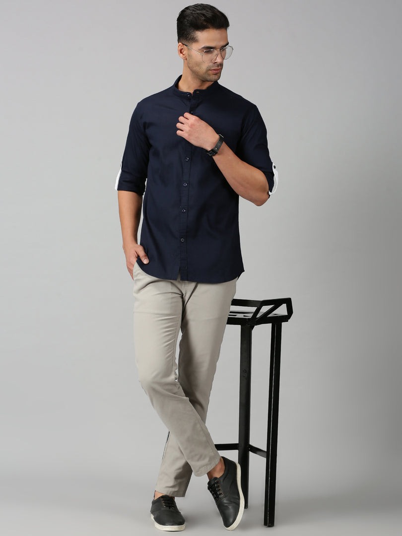 Navy Cotton Solid Shirt For Men's