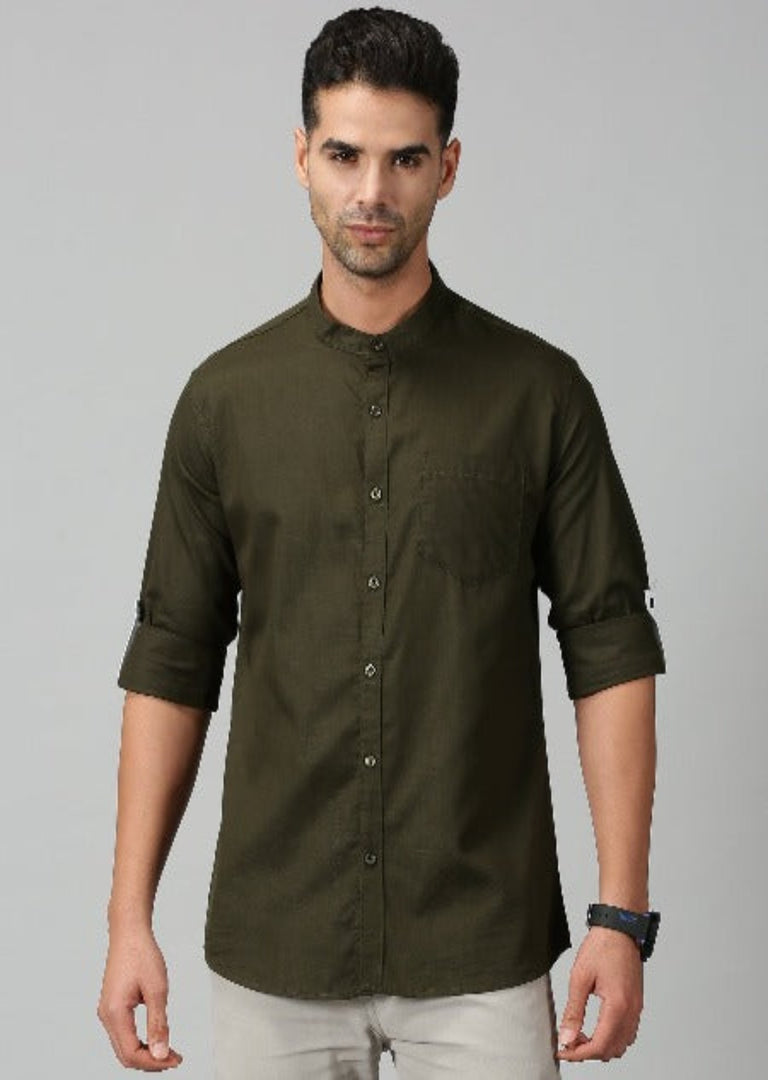 Olive Cotton Solid Shirt For Men's