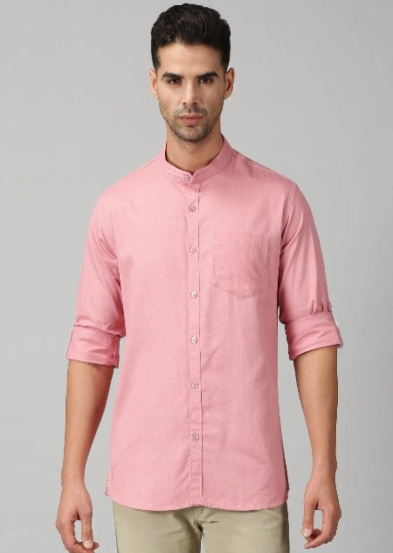 Men Regular Fit Solid Mandarin Collar Casual Shirt